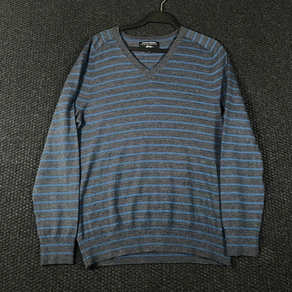 Banana Republic Baruffa Blue Striped Italian Merino Wool‎ V-Neck Sweater Mens XL